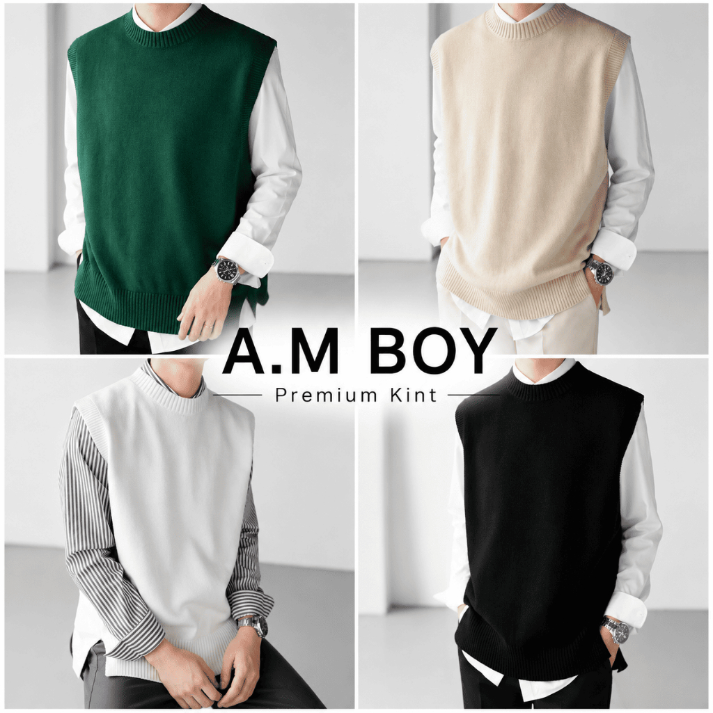 A.M BOY [เอเอ็ม บอย] Premium Knit เสื้อกั๊กไหมพรมคอกลมสีพื้นเนื้อผ้านุ่มใส่ได้ชาย-หญิง