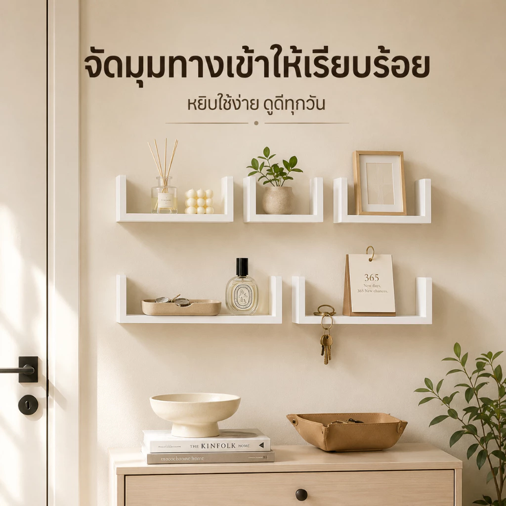 ชั้นวางของติดผนัง 5 ชิ้น ชั้นวางไม้ ชั้นวางติดผนัง พระ ติดผนัง router wifi ตกแต่งบ้าน