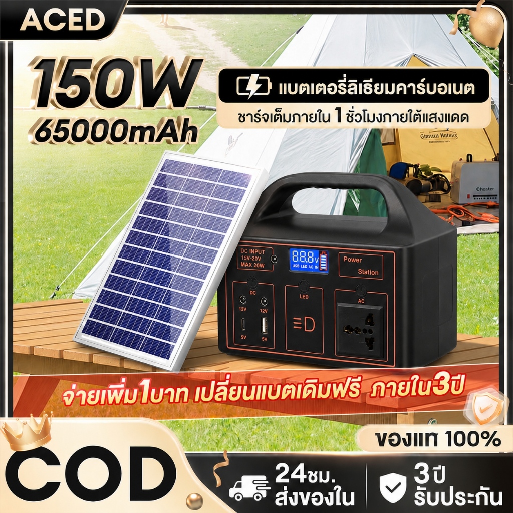 สถานีไฟฟ้าแบบพกพา Power Station แหล่งจ่ายไฟแบบพกพา แคมป์ปิ้ง ที่เก็บพลังงานแสงอาทิตย์ ไฟพลังงานแสงอาทิตย์และ 220V