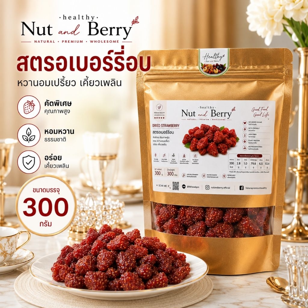 สตรอว์เบอร์รี่อบ 300 กรัม Healthy Nut and Berry ผลไม้อบแห้ง พร้อมทาน หวานอมเปรี้ยว เคี้ยวเพลิน