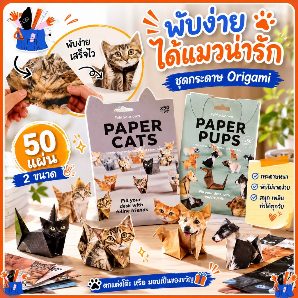DIY กระดาษแมว Origami ชุด 50 แผ่น 3D แมว/สุนัข/ไดโนเสาร์ Origami กระดาษสัตว์ตกแต่งโต๊ะ Handmade กระดาษหัตถกรรมชุดตกแต่ง