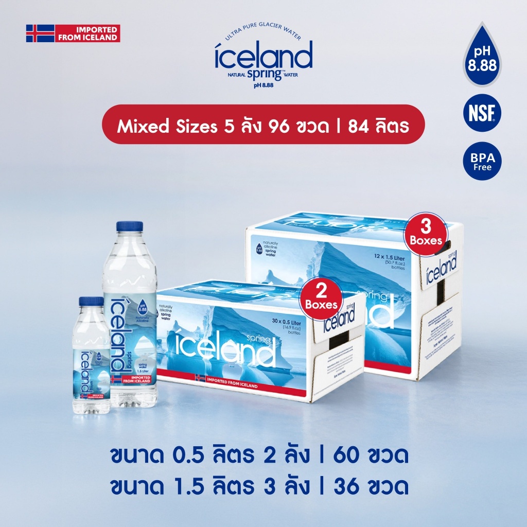 Mixed Sizes 5 กล่อง Iceland Spring (ขนาด 500 ml.x2 + 1,500 ml.x3) น้ำแร่ด่างธรรมชาติ เพื่อสุขภาพ pH 8.88