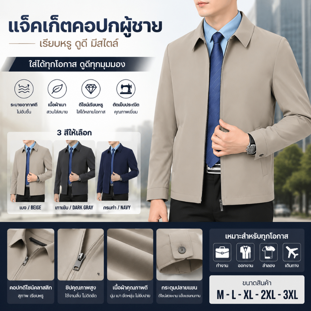 เสื้อแจ็คเก็ตผู้ชายแบบใหม่ ทรงลำลอง สีพื้น คอปกพับ เสื้อแจ็คเก็ตทำงาน เสื้อกันลม