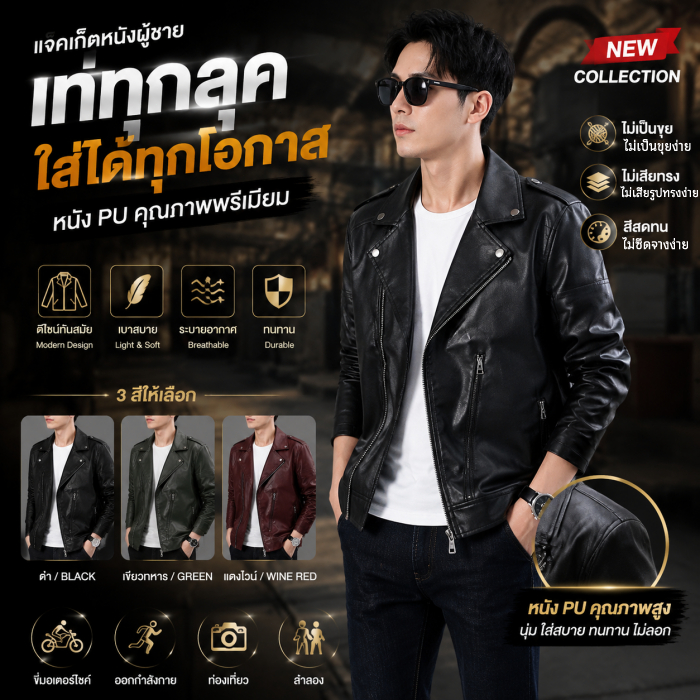 เสื้อแจ็คเก็ตหนัง PU ชาย ดีไซน์เกาหลี ซิปแขนยาว ทรงเท่ เนื้อนุ่ม ใส่สบาย คุณภาพพรีเมี่ยม ซิปดีไซน์เท่ 3 สี