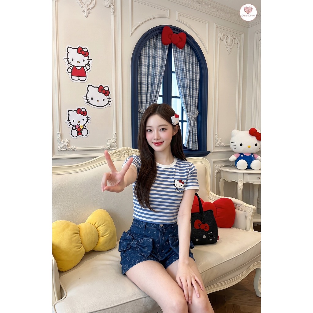 (มี3XL)Maria Diamond ยีนส์ Pick Up Kitty Set เซ็ต 2 ชิ้น เสื้อยืดลายทางงานปัก + กางเกงยีนส์ขาสั้นลายคิตตี้ มีกระเป๋า