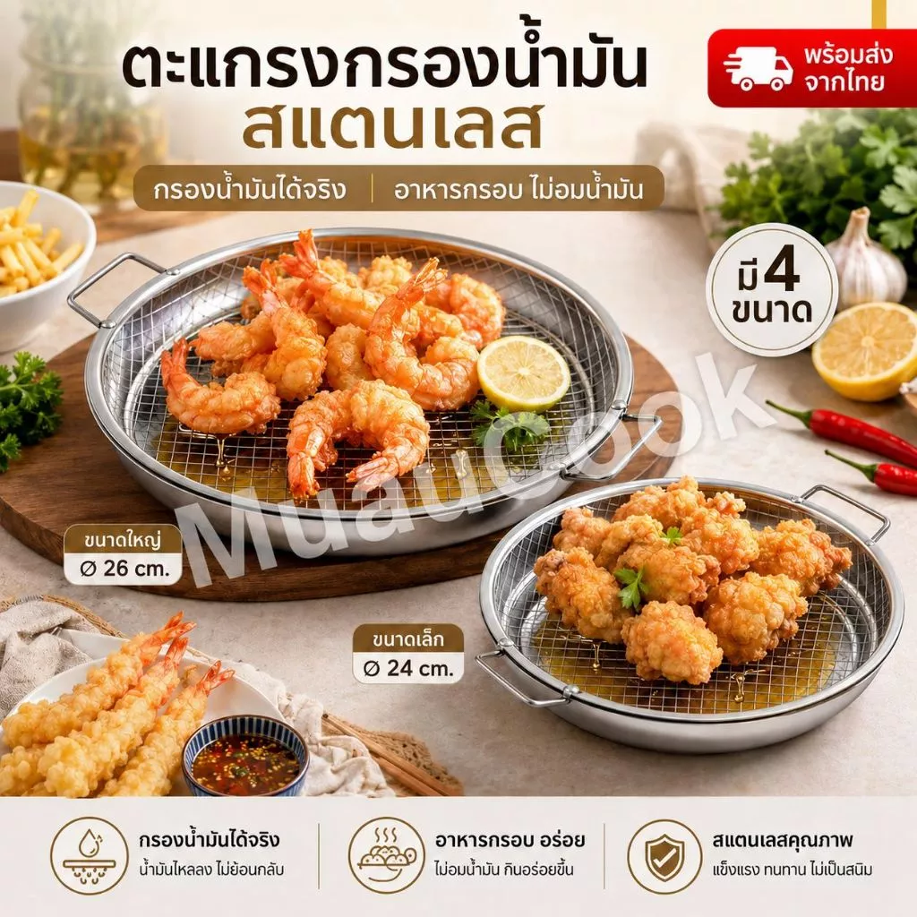 ชุด 2 ชิ้น ถาดกรองน้ำมันสแตนเลสพร้อมตะแกรง มีหูหิ้ว ทนร้อน ใช้พักของทอด กรองน้ำมัน 4 ขนาด 20-26 ซม.
