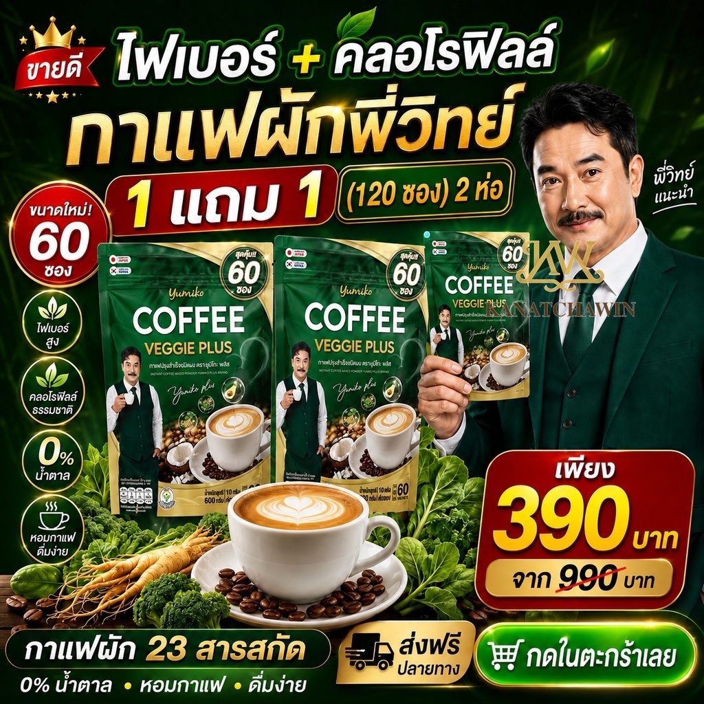 กาแฟผัก คลอโรฟิลล์ Yumiko Veggie Coffee กาแฟ สูตรเข้ม เพื่อสุขภาพ ขับถ่าย คุมหิว อิ่มนาน 1ห่อ/60ซอง