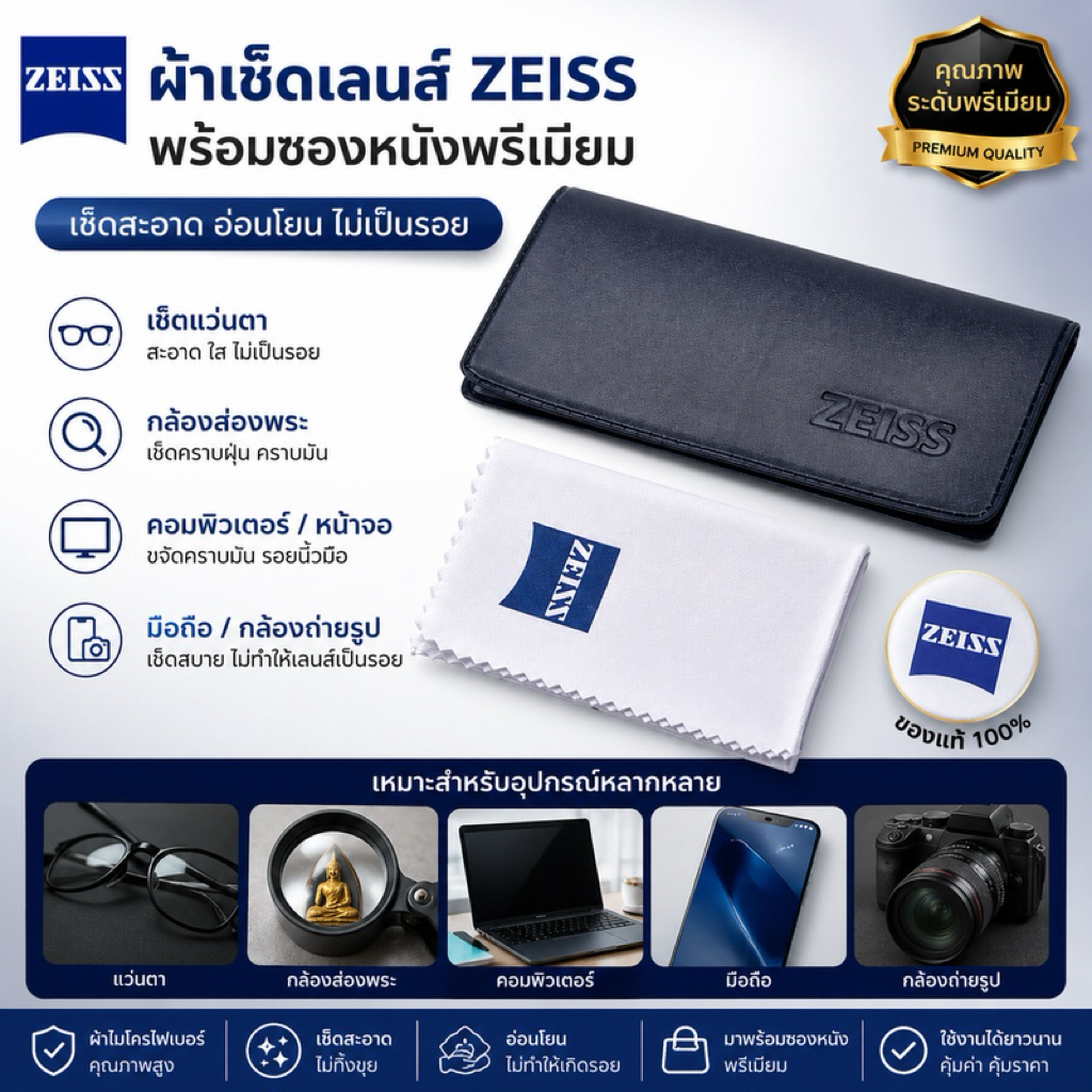 ผ้าเช็ดเลนส์ ZEISS แท้ ไมโครไฟเบอร์ ขนาด 17x16 ซม. พร้อมซองเก็บ ปลายทางได้