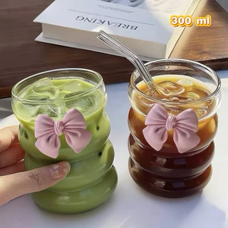 แก้วน้ำ วัสดุแก้ว 450 มล โบว์สีชมพู🎀 พร้อมหลอด แก้วกาแฟ ส่งจากกรุงเทพ