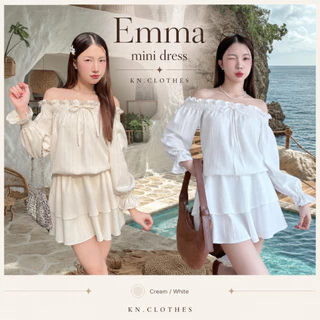 Emma mini dress : เดรสปาดไหล่แขนยาว แต่งจั้มเอว ชายระบาย2ชั้น เนื้อผ้าลายเปลือกไม้ KN.Clothes