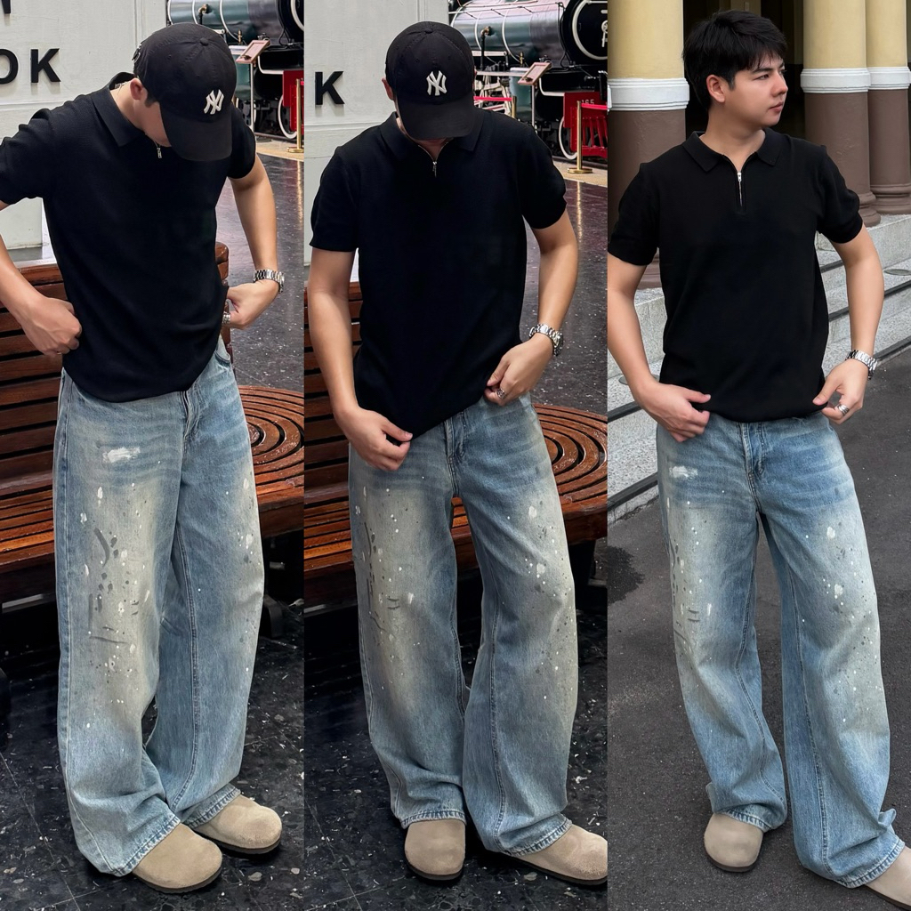 ‼️เปิดขายสินค้าใหม่🍻Jacob Jeans  กางเกงยีนส์ทรงกระบอกใหญ่ แต่งดีเทลลายเปื้อนสีเท่ๆ เนื้อผ้ายีนส์เกรดพรีเมียม👖✨