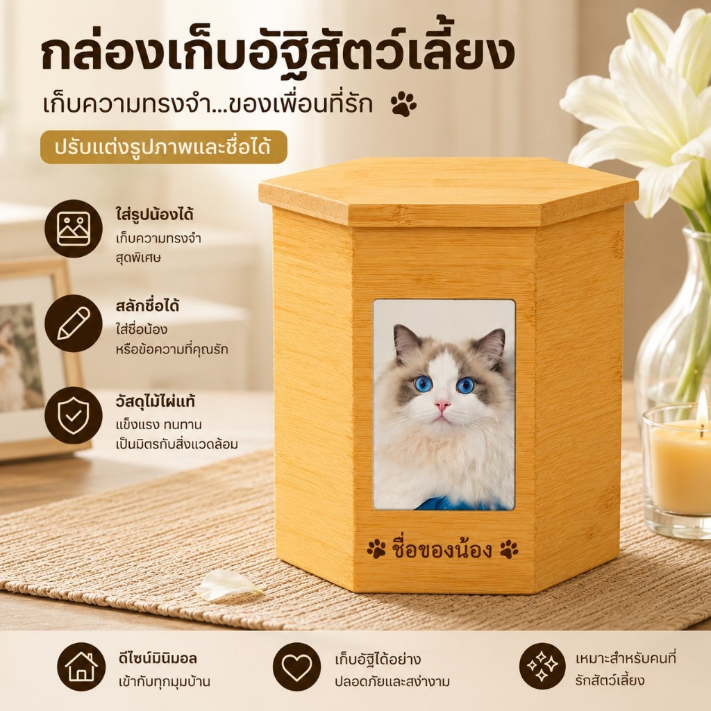 กล่องเก็บ ที่เก็บกระดูกสัตว์เลี้ยง บ้านสัตว์ 6เหลี่ยม มีฝาปิด กัน แมลงเข้า ไม้แท้ เก็บไว้ใกล้ตัว