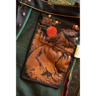 Pinion 21oz หมีเขียว BY Okayama Denim Newหมี Indigo X green 21 oz ) Produced ผลิตออกมาเพียง250 ตัว indigo fade เฟดฟ้า