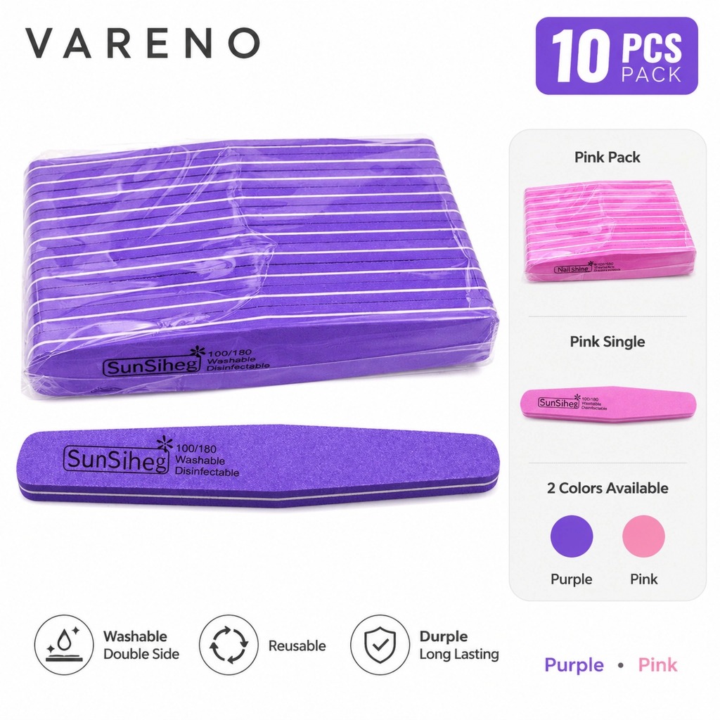 Vareno ตะไบเล็บเพชร 10ชิ้น ฟองน้ำสองด้าน บัฟเฟอร์ขัดเล็บ ล้างทำความสะอาดได้ อุปกรณ์ทำเล็บ เครื่องมือขัดเล็บ
