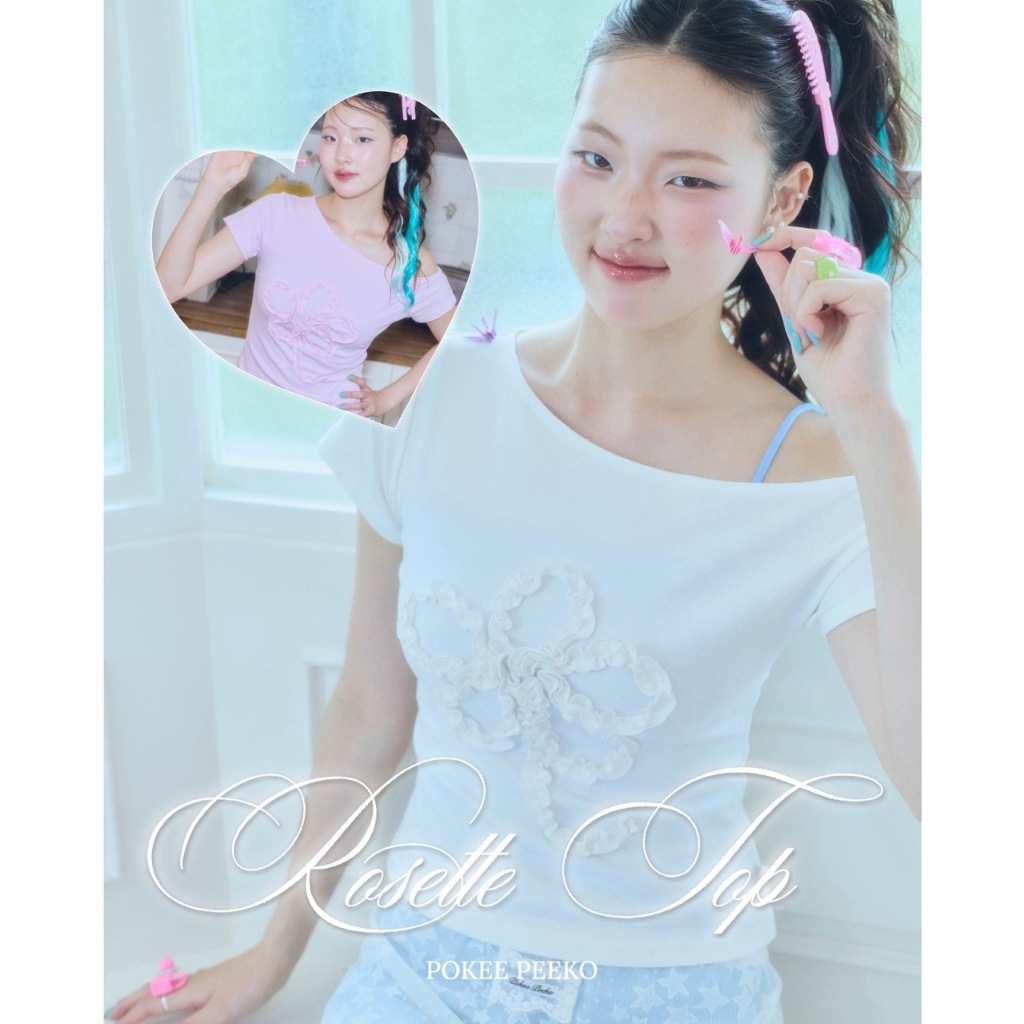 POKEE | ROSETTE เสื้อปาดไหล่ ผ้า cotton (ขาว/ชมพู)