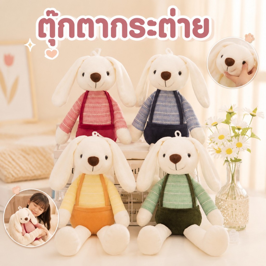 COD ตุ๊กตากระต่ายชูการ์แรบบิท 4 สี ใส่เอี๊ยมตัวน้อยน่ารัก นุ่มน่ากอดสุดๆ 40 ซม. ตุ๊กตาขนฟูคุณภาพดี ของขวัญวันเกิด พรอม