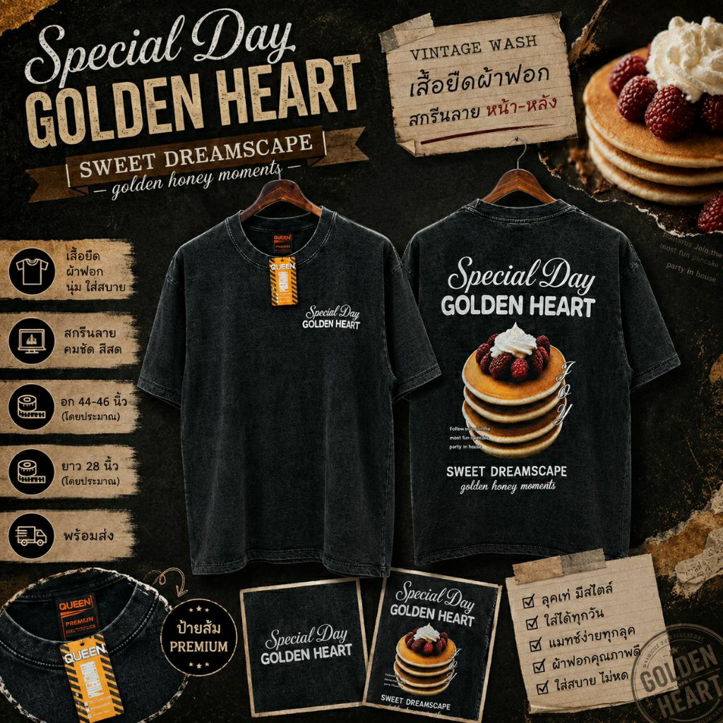 QUEEN Premium เสื้อยืดผ้าฟอก ป้ายส้ม สกรีนลายหน้า-หลัง ลาย Pancake อก 44-46 นิ้ว
