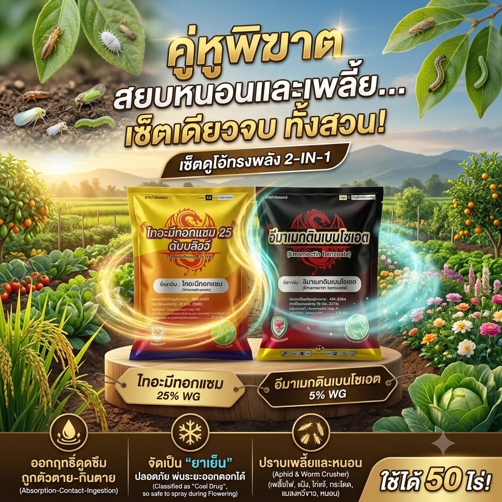 ไทอะมีทอกแซม1กิโลกรัม+อีมาเมกติน1กิโลกรัม ชุดสารกำจัดแมลง หนอน-เพลี้ย หนอนม้วนใบ หนอนเจาะ เพลี้ยไฟ