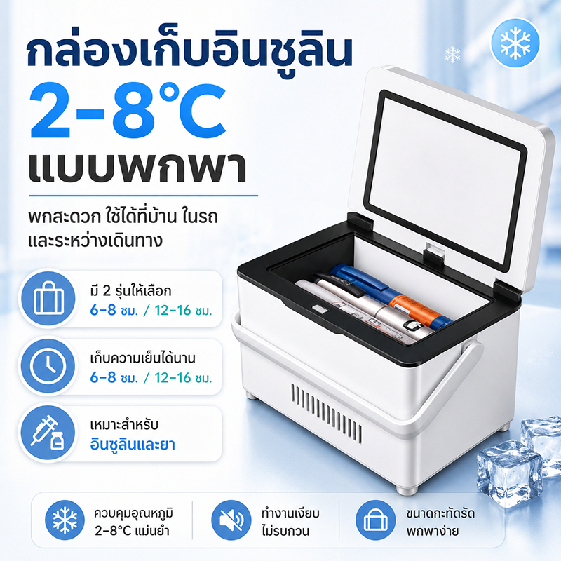 COOB กล่องเก็บอินซูลิน 2-8°C แบบพกพา ตู้เย็นยาเล็ก มีแบตเตอรี่ ชาร์จ USB/รถยนต์