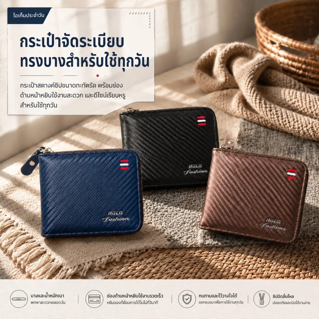 HOLO กระเป๋าสตางค์ผู้ชายแบบซิป หนัง PU ลายคาร์บอน ความจุเยอะ ใส่บัตรและเงินสดได้หลายช่อง สไตล์ธุรกิจ พกพาสะดวก