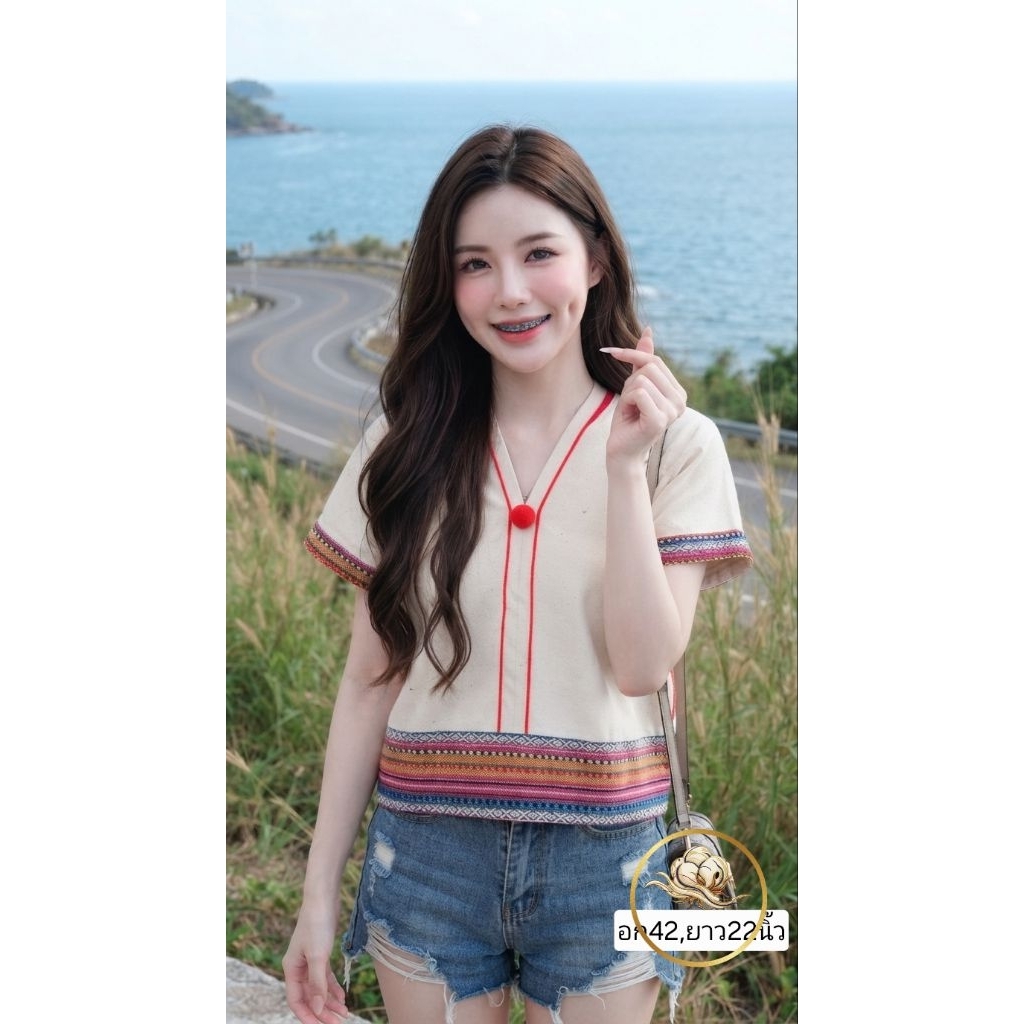 เสื้อกระเหรี่ยงแต่งผ้านากา ทรงกระเหรี่ยง แขนเลย คอวีหน้าหลัง (ลายผ้าแต่งอาจไม่ตรงตามรูป)