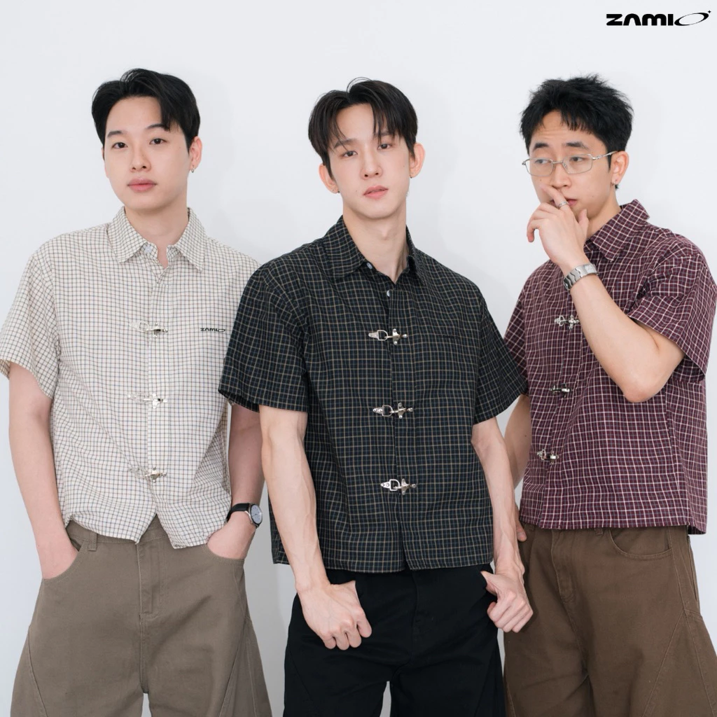 ZAMIO Lattice shirt เสื้อเชิ้ตแขนสั้นทรง boxy กระดุมตะขอจีน