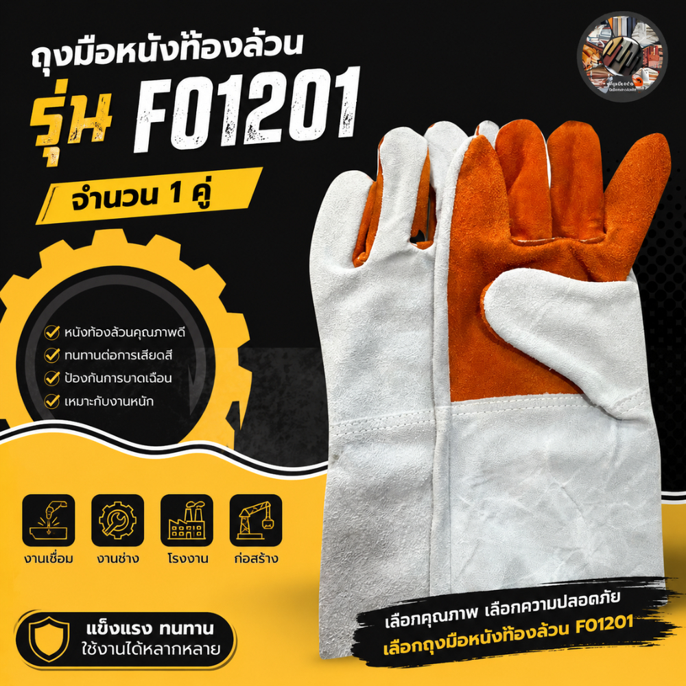 นนทุบรีถุงมือหนัง F01201 (1 คู่)ยาว 12นิ้ว ใช้ในงานอุตสาหกรรม งานเชื่อมประกอบ งานหยิบจับ ถุงมือผลิตจากหนังวัวแท้ทิ้งชิ้น