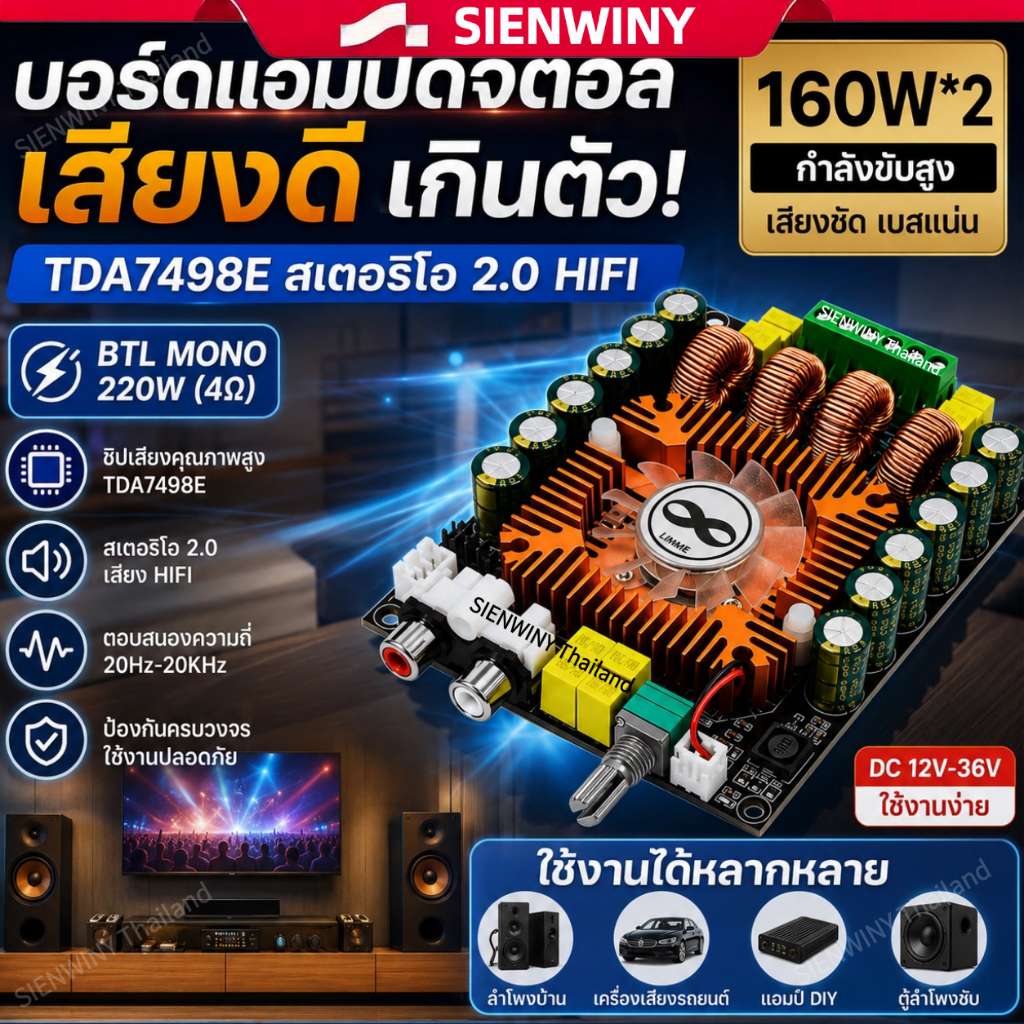 SIENWINY บอร์ดแอมป์ TDA7498E แอมป์จิ๋ว 2.0 สเตอริโอ 160W+160W เครื่องขยายเสียง HIFI แรงสะใจ รองรับ BTL โมโน 220W ไฟ