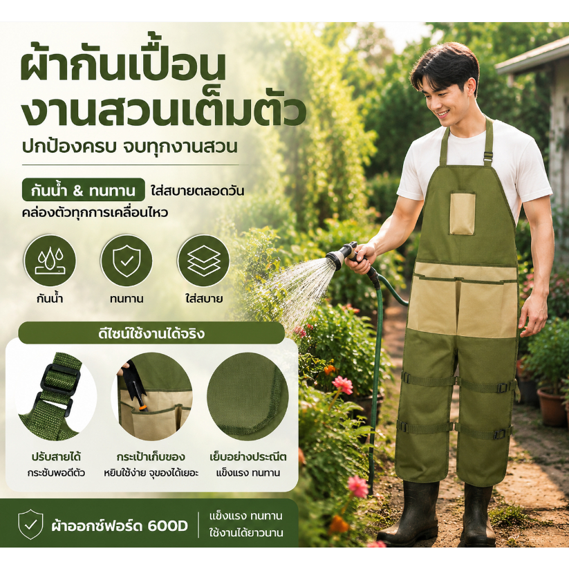ผ้ากันเปื้อนทำสวน ผ้ากันเปื้อนตัดหญ้า ผ้าออกซ์ฟอร์ด กันน้ำ 100% ป้องกันเศษหญ้า เศษดิน สำหรับเกษตรกร