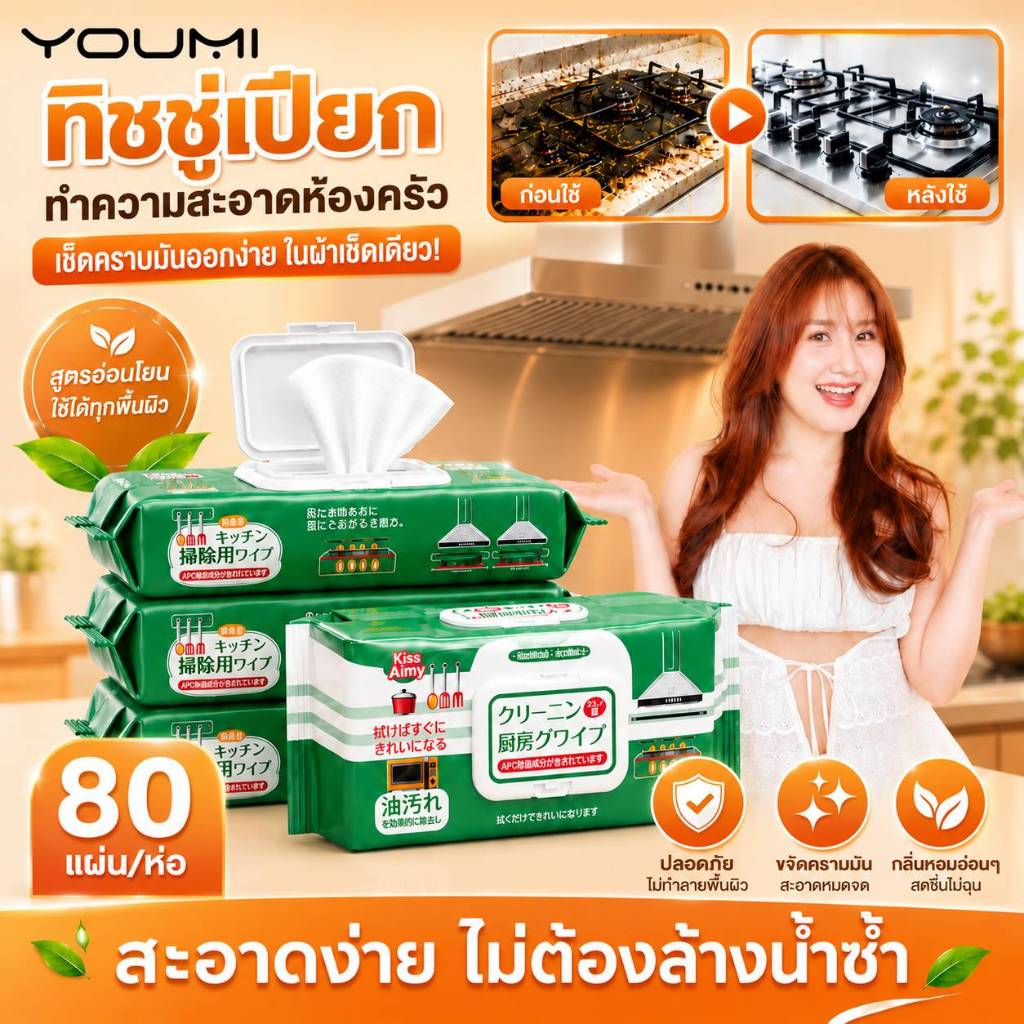 (TAX INV) ผ้าเปียกทำความสะอาดครัว Kiss Aimy กลิ่นเลม่อน ขจัดคราบได้ดทิชชู่เปียกเอาอยู่ทุกคราบฝังลึก