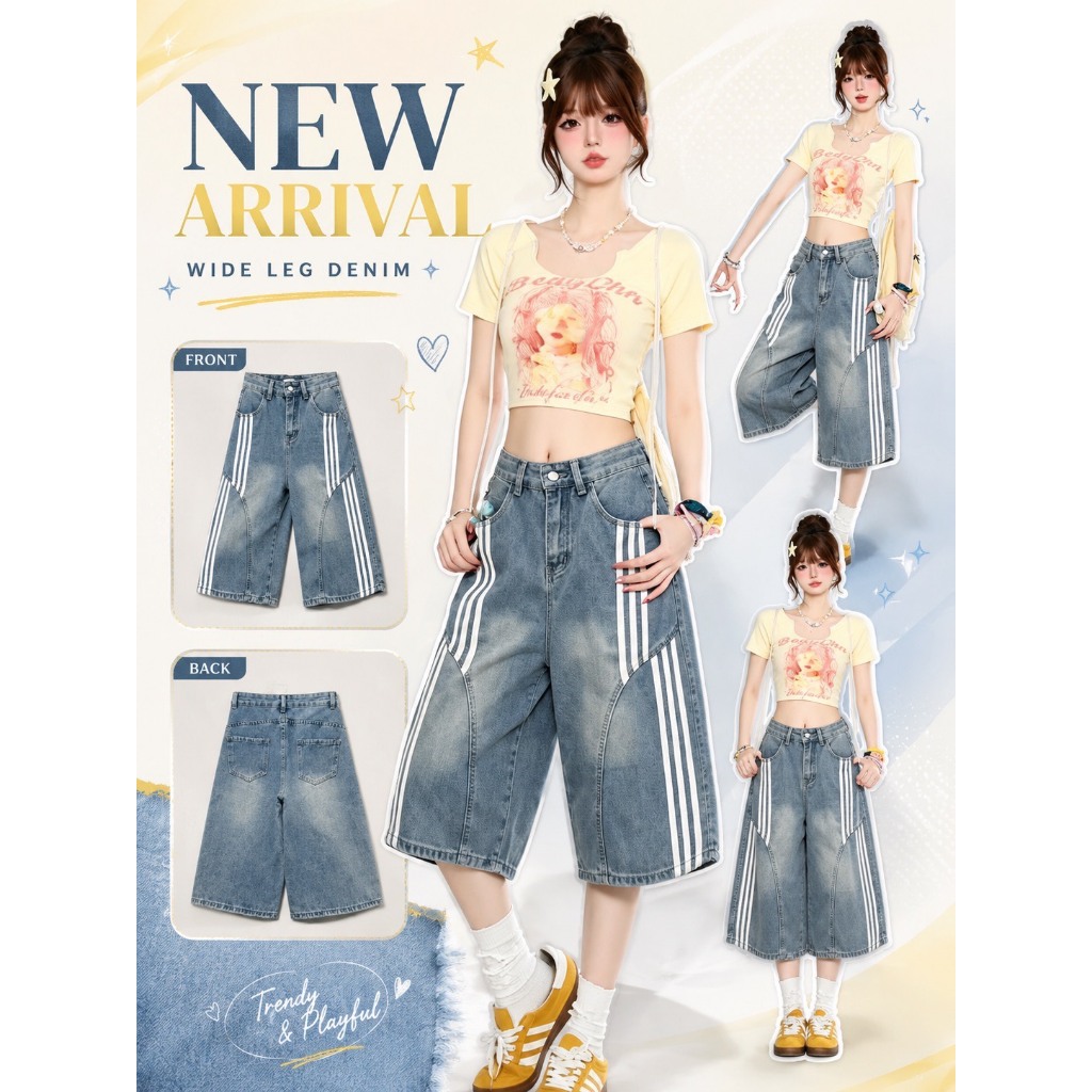 WSHOP WS 1298 "JEANS" กางเกงยีนส์เอวสูง ขา5 ส่วน แต่งแถมมขาวด้านหน้า ด้านข้าง ผ้านิ่ม