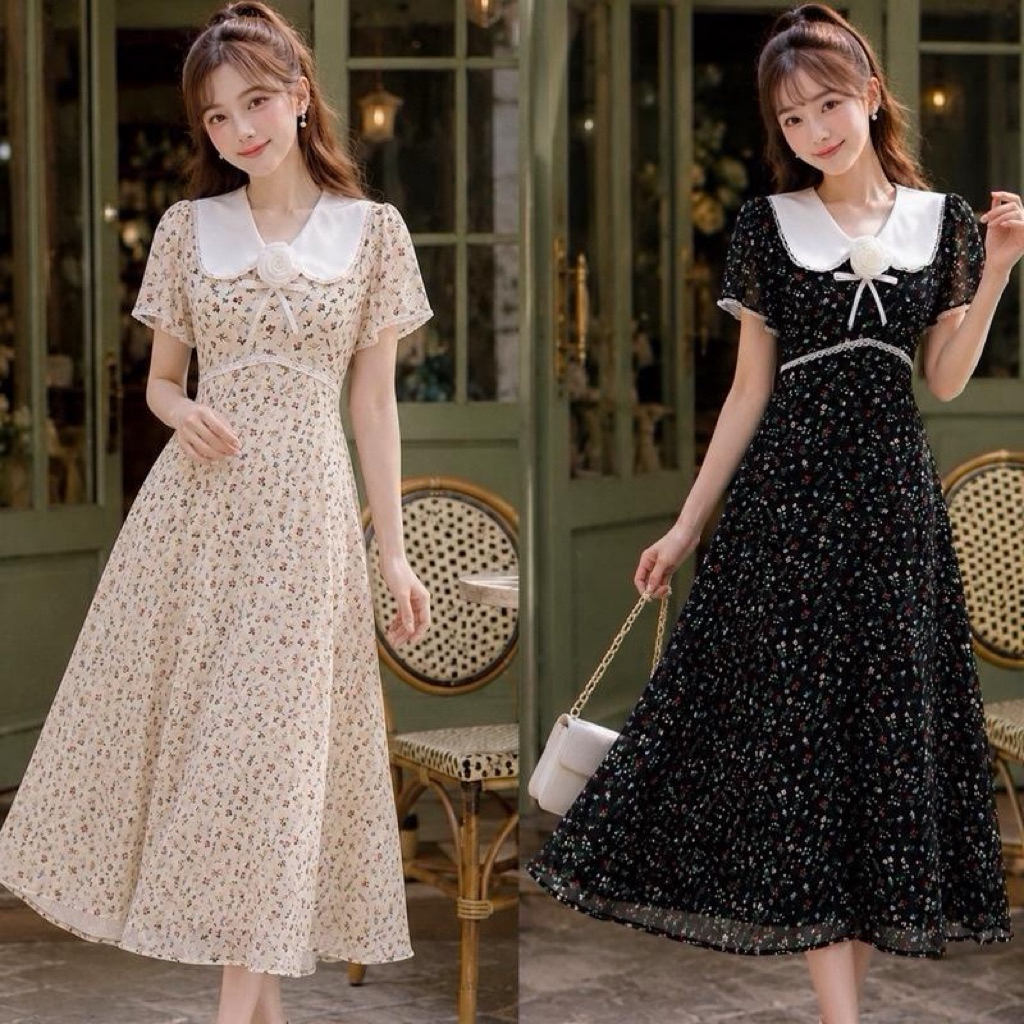 NENA STUDIO : รหัสFD1 เดรสผ้าชีฟองลายดอกเล็ก ชุดยาว 49 นิ้ว