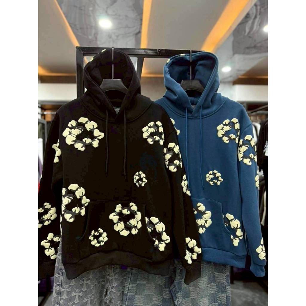2778 เสื้อฮู้ดลายดอก สกรีนนูนดอกสีครีม ร้านโอม ผ้าสำลี