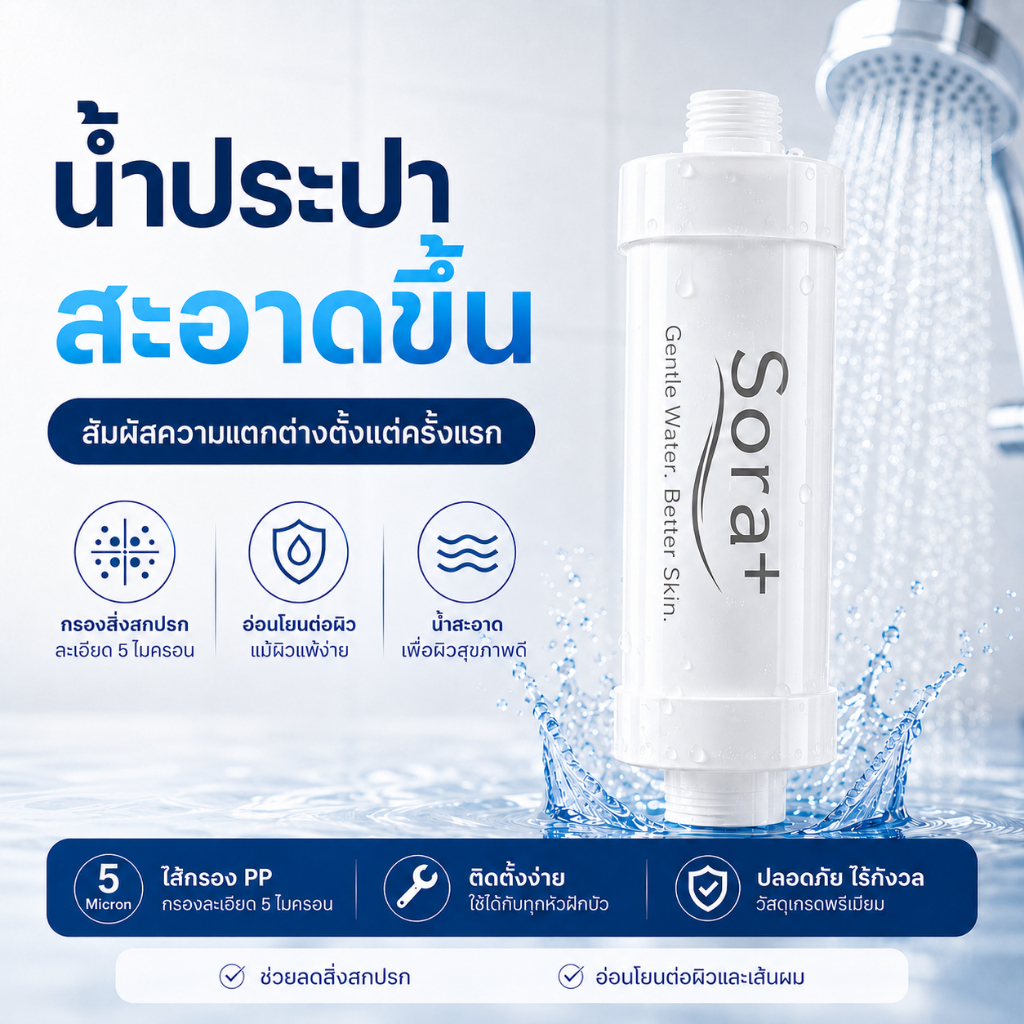 Sora+ | กรองน้ำฝักบัว Shower Filter ไส้กรองฝักบัว 5 ไมครอน กรองอาบน้ำ ลดสนิม ลดตะกอน