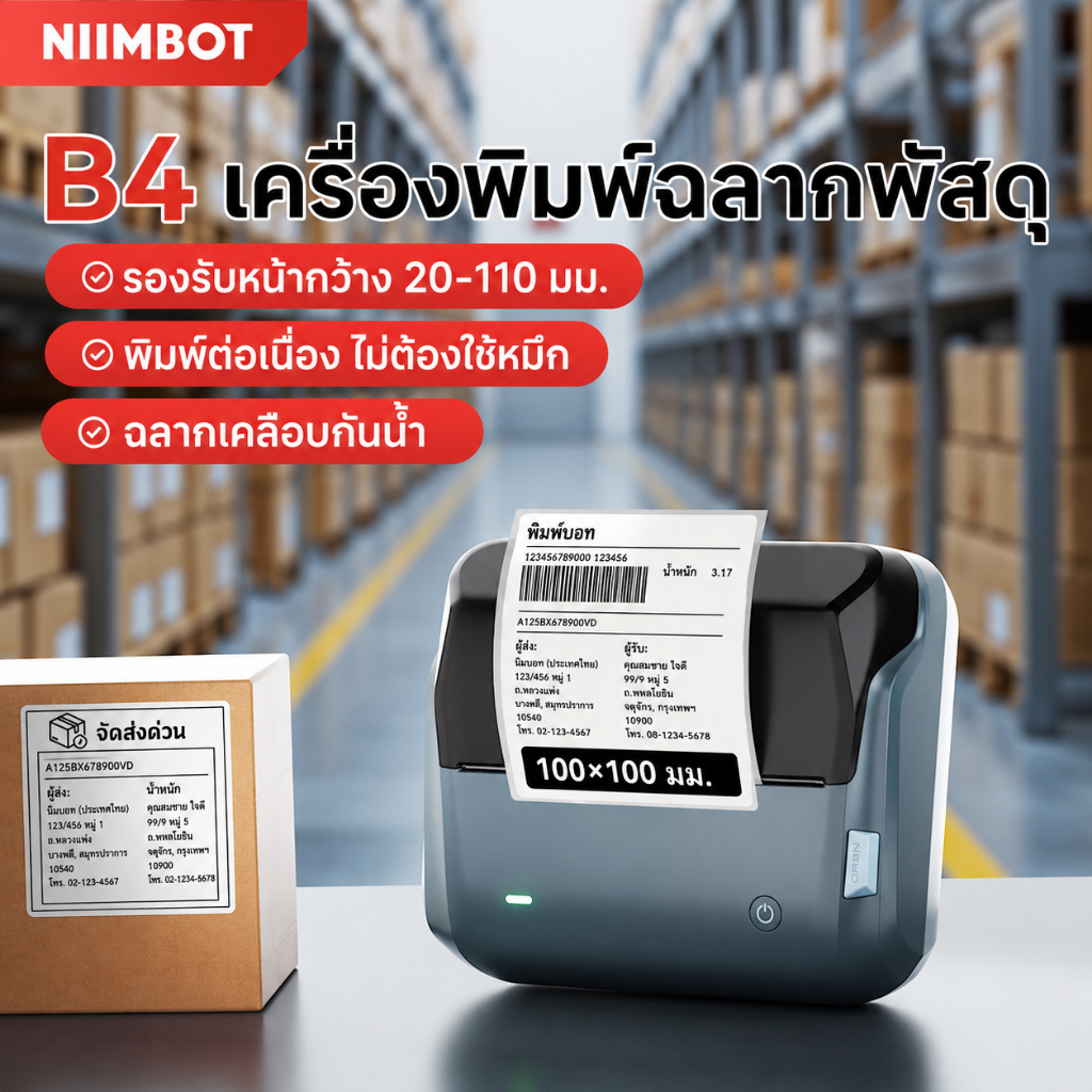 【ส่งทันที】NIIMBOT B4 เครื่องพิมพ์ใบปะหน้า เครื่องพิมพ์ฉลากบาร์โค้ด ความร้อน ไม่ใช้หมึก รองรับ 20-110 มม.