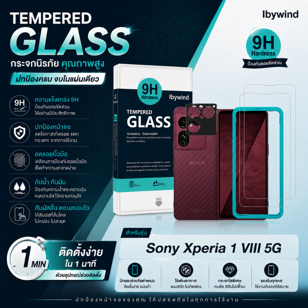 ฟิล์มกระจก Ibywind สำหรับ Sony Xperia 1 VIII 5G ติดตั้งง่าย ทัชลื่น ป้องกันรอยขีดข่วน ส่งจากไทย