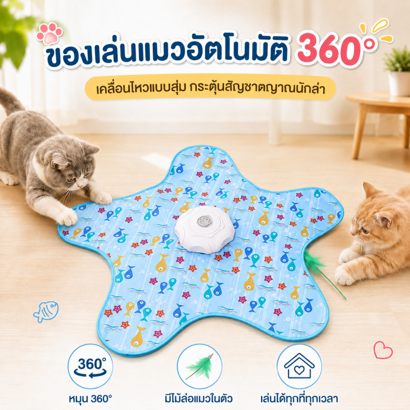 ของเล่นแมวอัตโนมัติ 360° ไม้ล่อแมวขนนก ซ่อนหา เคลื่อนไหวสุ่ม ปรับ 3 ระดับ ชาร์จ USB Type-C แมวเล่นเองแก้เบื่อ