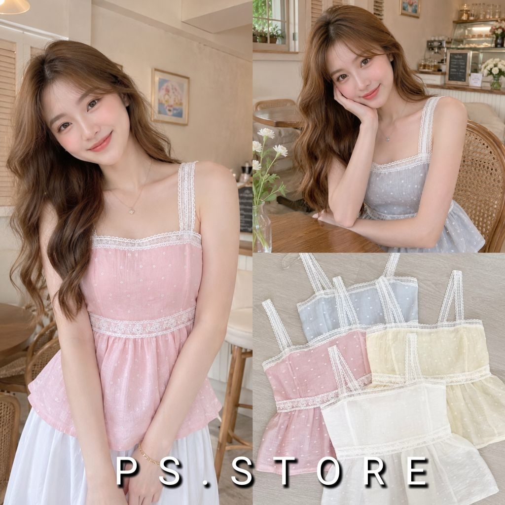 Candy : (ผ้าบาง)เสื้อสายเดี่ยวแต่งขอบลูกไม้รอบตัว ผ้าโรซี่พิมพ์ลายดอก น่ารักๆ