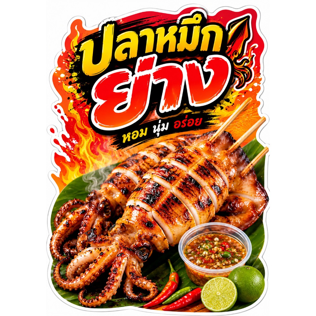 ป้ายปลาหมึกย่าง กุ้งเผาเสียบไม้ อาหารทะเล ป้ายร้านย่าง ป้ายเมนูพร้อมใช้งาน ขนาด A4/A3