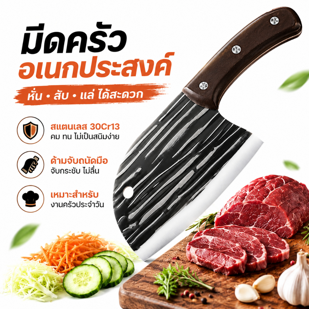 มีดปังตอสับ สไตล์ญี่ปุ่น2ลาย สแตนเลสคุณภาพดี สับกระดูกหั่นเนื้อ สันหนา1.5มิล น้ำหนักพอดีมือ มีดทำอาหาร เครื่องครัวขายดี