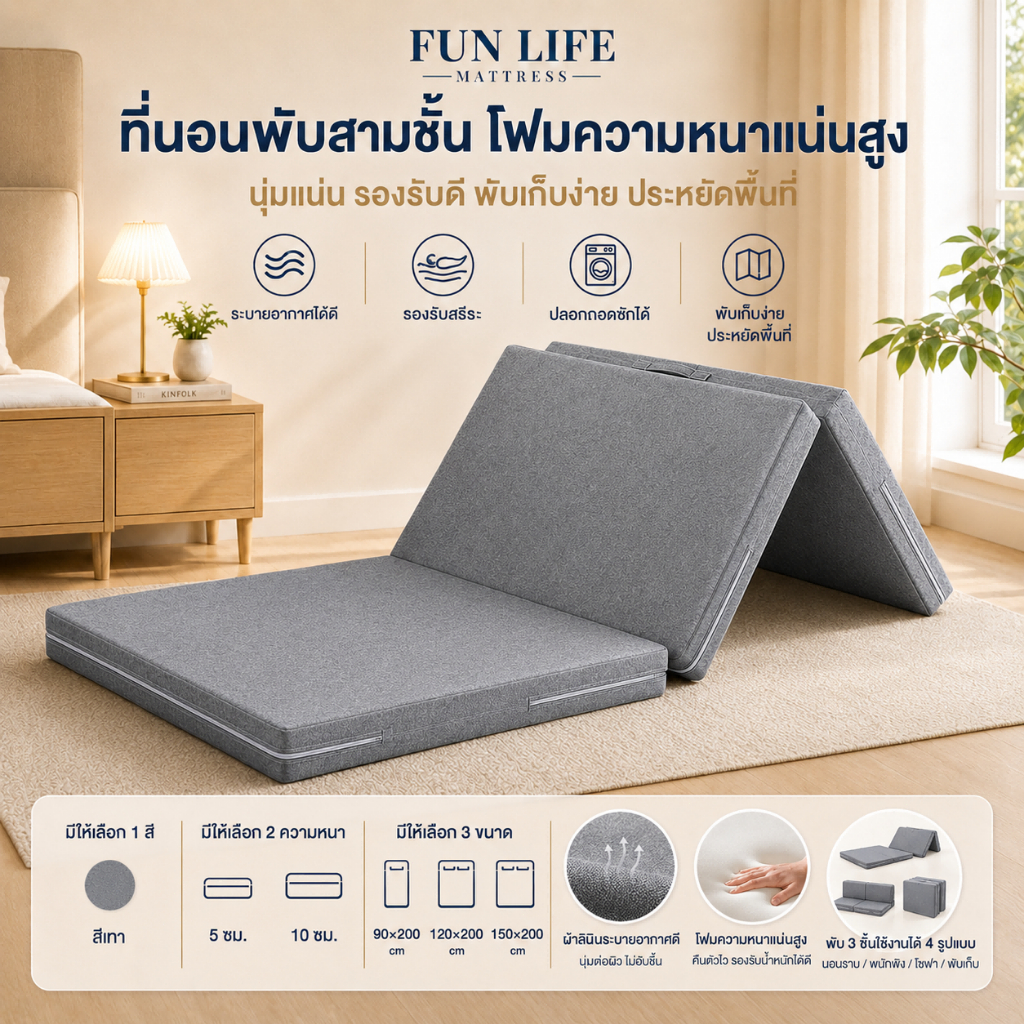 FLM ที่นอน ฟูกที่นอนพับครึ่งเก็บได้ ที่นอน 3 พับ ไม่ยุบง่าย นุ่ม ถอดออกได้ ที่นอนเมมโมรี่โฟม