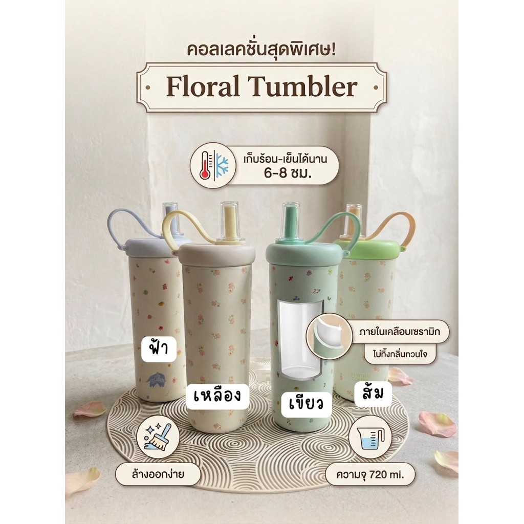 พร้อมส่ง ใหม่! กาแฟพันธุ์ไทย รุ่นใหม่ล่าสุด Floral Tumbler