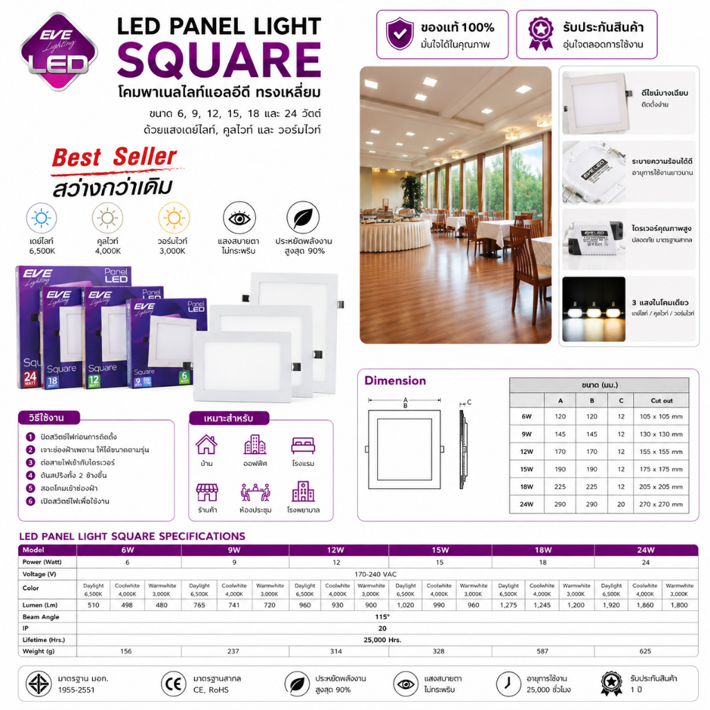 โคมไฟดาวไลท์ เหลี่ยมNew ใหญ่ขึ้น Led Panel Light Square 6w-24w EVE รับประกัน1ปี
