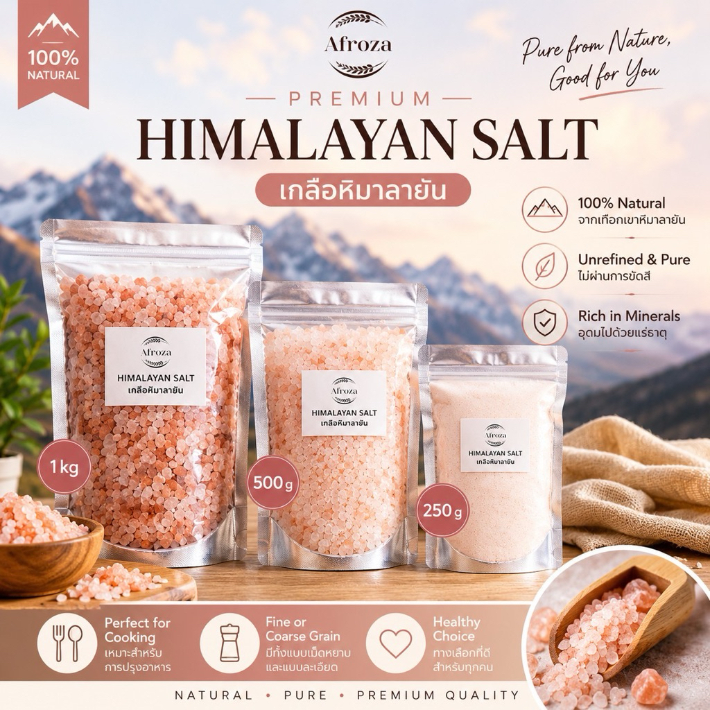 Afroza Himalayan Salt เกลือหิมาลายัน 100% Natural เกลือชมพูธรรมชาติ 250g / 500g / 1kg สำหรับปรุงอาหาร