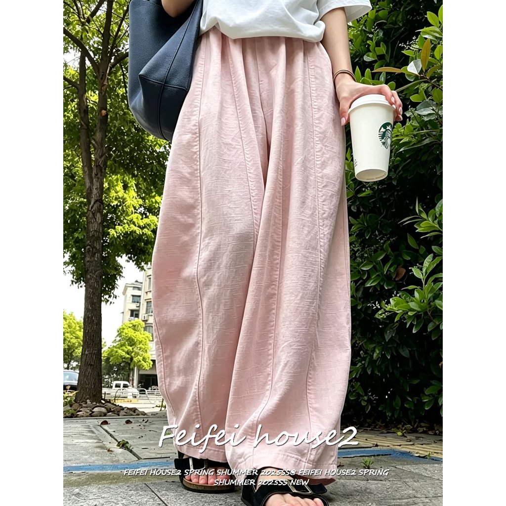 [Feifei-Linen Quick-Dry Long Pants]กางเกงขากว้างผู้หญิงฤดูร้อนสไตล์สบายผ้าลินินแห้งเร็วสีทึบ