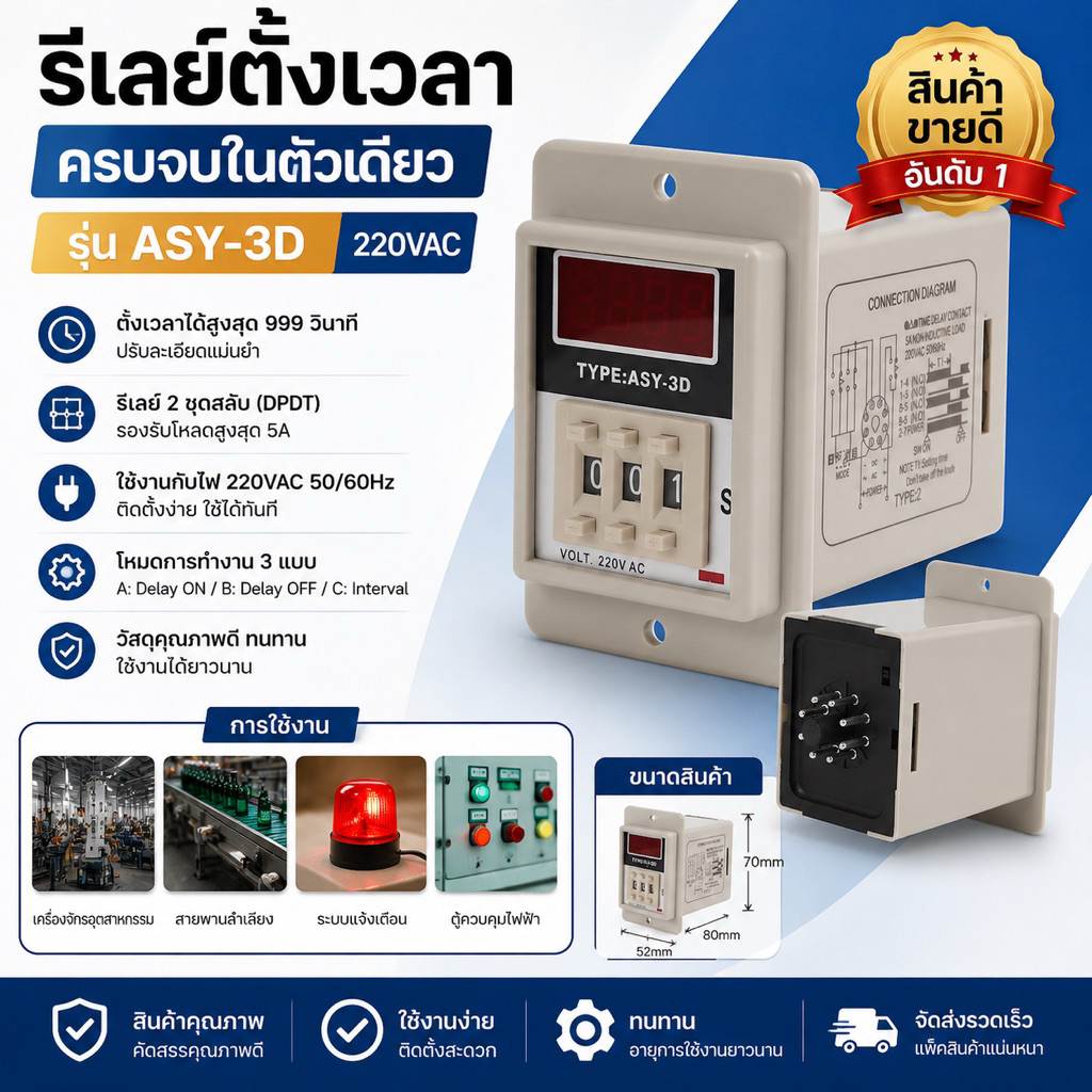 ASY-3D AC 220โวลต์2NO +แถมซ๊อกเก็ต 2NC 999วินาที999SecหลักจอแสดงผลTimer R Elay