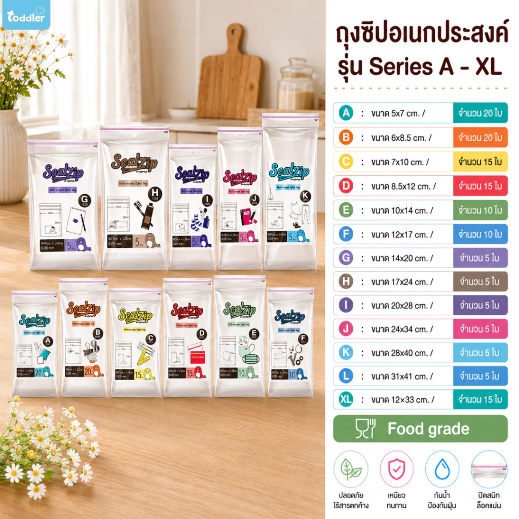 (มีให้เลือกหลายขนาด) Sealzip ถุงซิบล็อคอเนกประสงค์ รุ่น Series A - XL ( มีทั้งหมด 12 ขนาด)