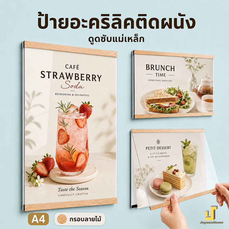 ป้ายอะคริลิคติดผนัง กรอบป้ายติดผนัง กรอบสีไม้สน การดูดซับแม่เหล็ก แนวตั้ง/แนวนอน ขนาด A5 A4 A3