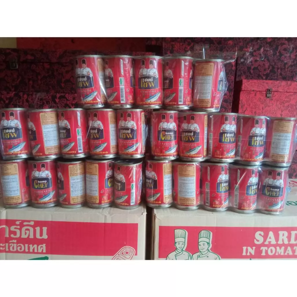 ปลากระป๋อง ตราแชมป์เชฟ ปลาซาดีน ในน้ำมะเขือเทศ 155 กรัม 1แพค10กระปุก อร่อย ถูกใจ