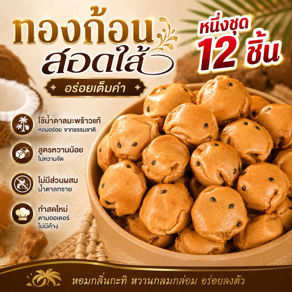 💝ขนมทองก้อนสอดไส้ ชุด 12ชิ้น น้ำตาลมะพร้าว หวานน้อย